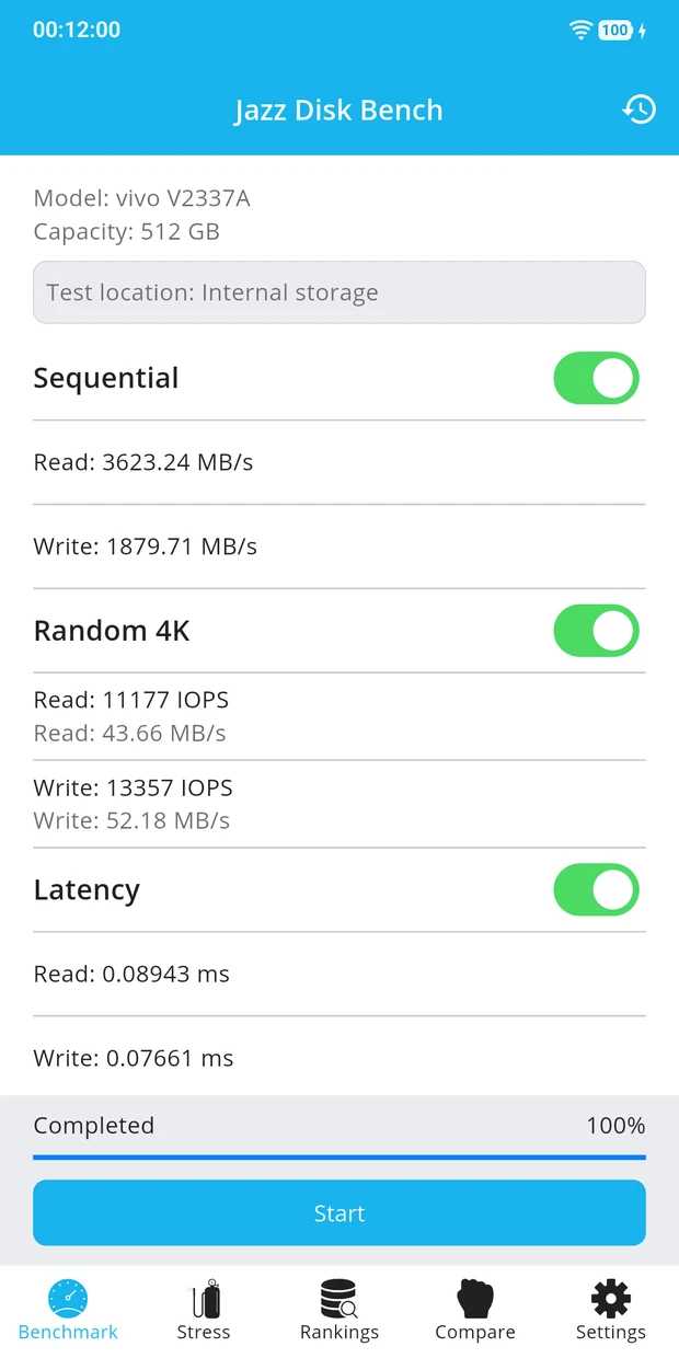 Jazz Disk Bench on Android showing sequential, random 4K and latency results